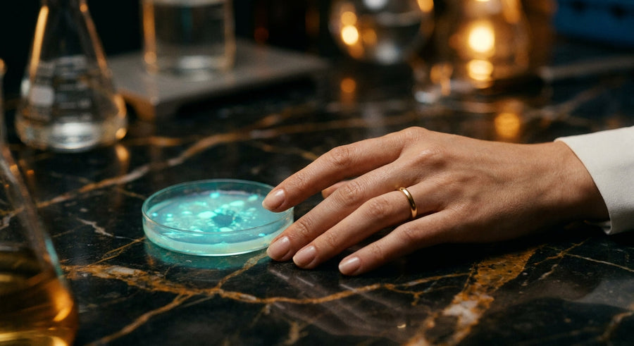 An elegant hand resting beside a softly glowing petri dish against a dark background, symbolizing the science of biological aging and cellular health.