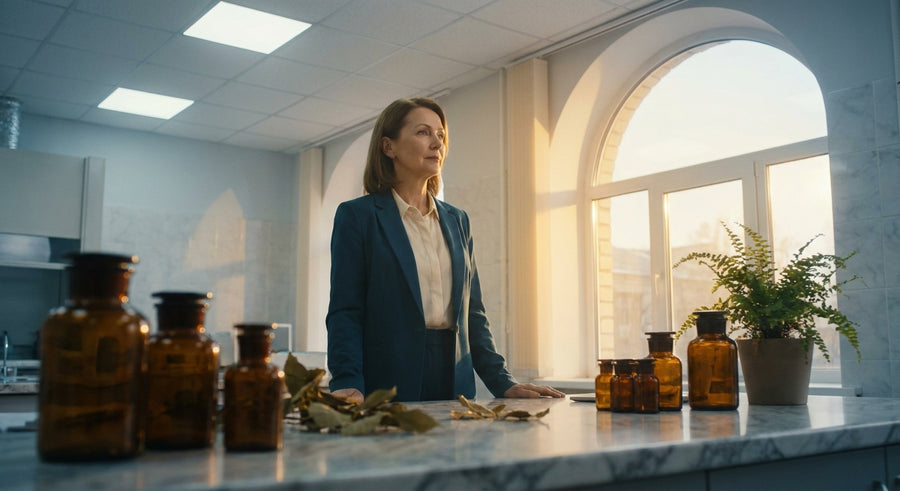 A poised woman standing in a sunlit laboratory setting with glass vials and botanical elements in the foreground, symbolizing the intersection of clinical science and personal wellness.