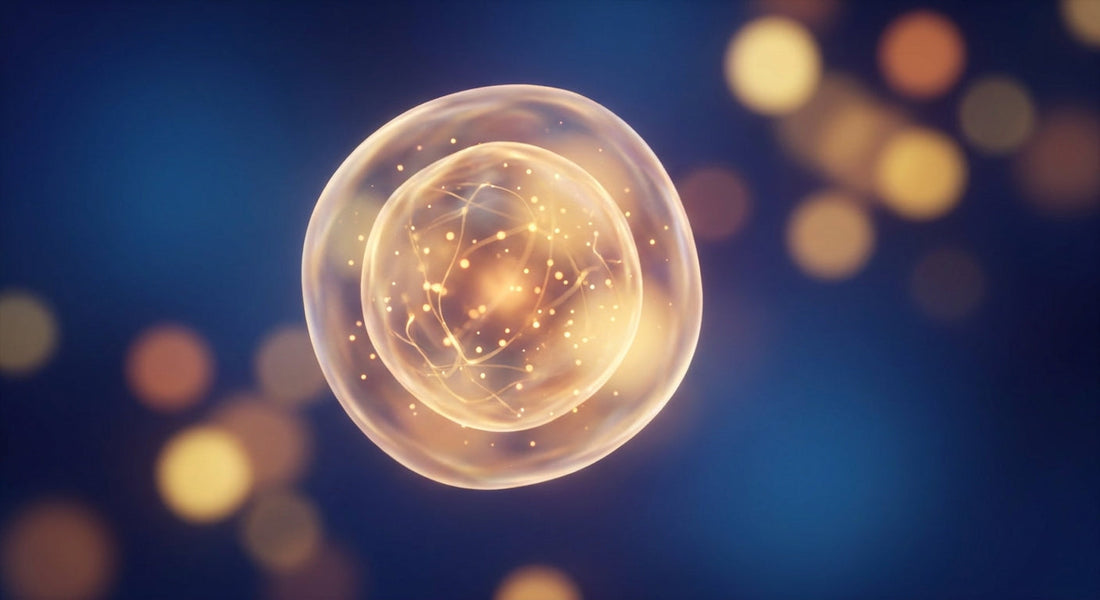 A glowing golden sphere representing cellular energy suspended against a deep blue background, evoking mitochondrial vitality and longevity.
