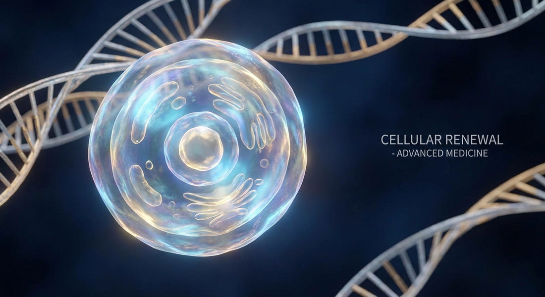 A glowing human cell with luminous DNA helixes suspended in deep blue space, evoking cellular renewal and gene therapy science.