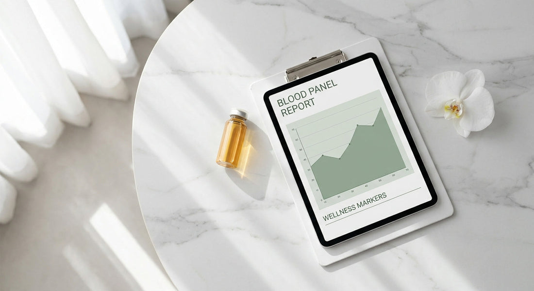 A minimalist flat-lay of a golden supplement vial, a clinical blood panel report, and a white orchid on white marble, lit with soft natural light.