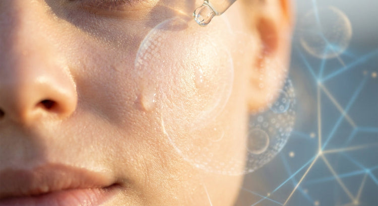 Radiant glowing skin illuminated by warm golden light with subtle abstract molecular structures in the background, evoking longevity science and luxury skincare.